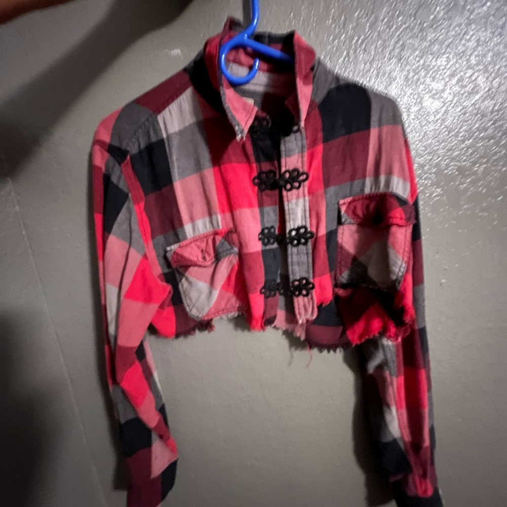 Furst of a kind vintage crop flannel unique button closure red gray black
